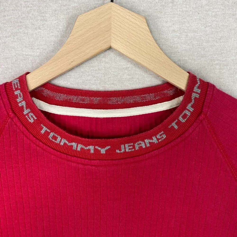 Vintage Tommy Hilfiger Mens Ribbed Tshirt Size L Red Spellout Logo 90s Preppy - Picture 2 of 8